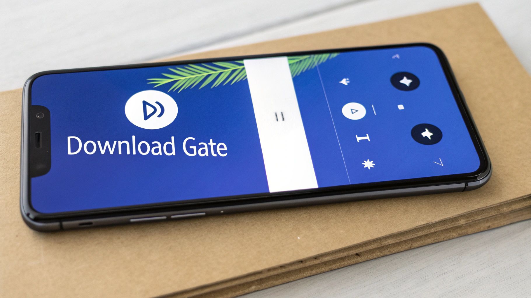 A black smartphone displaying the 'Download Gate' app with blue background and control icons.