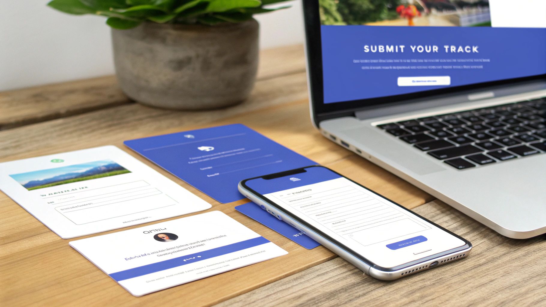 A laptop, smartphone, and blue and white forms and documents on a rustic wooden desk.