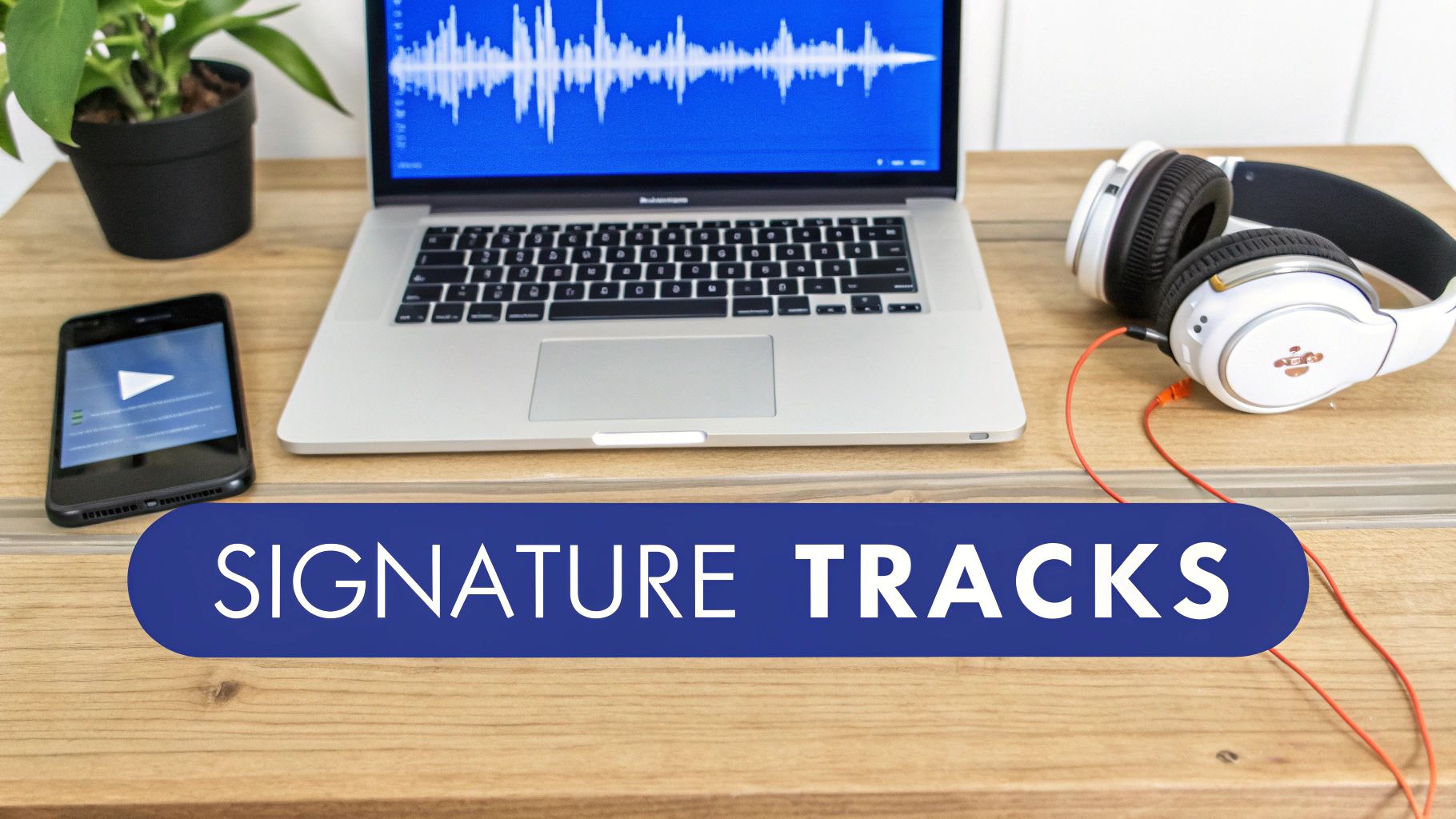 A laptop displaying sound waves, headphones, smartphone, and a plant on a wooden desk, with 'SIGNATURE TRACKS' overlay.