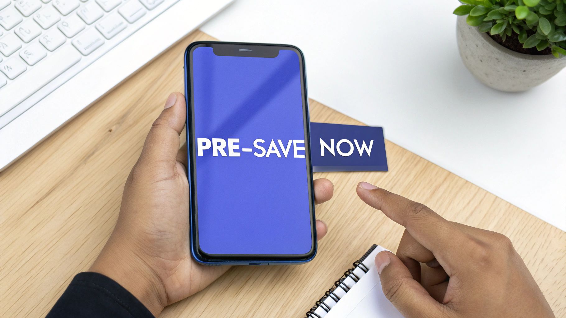A person holds a smartphone displaying 'PRE-SAVE' next to a 'NOW' card on a wooden desk.