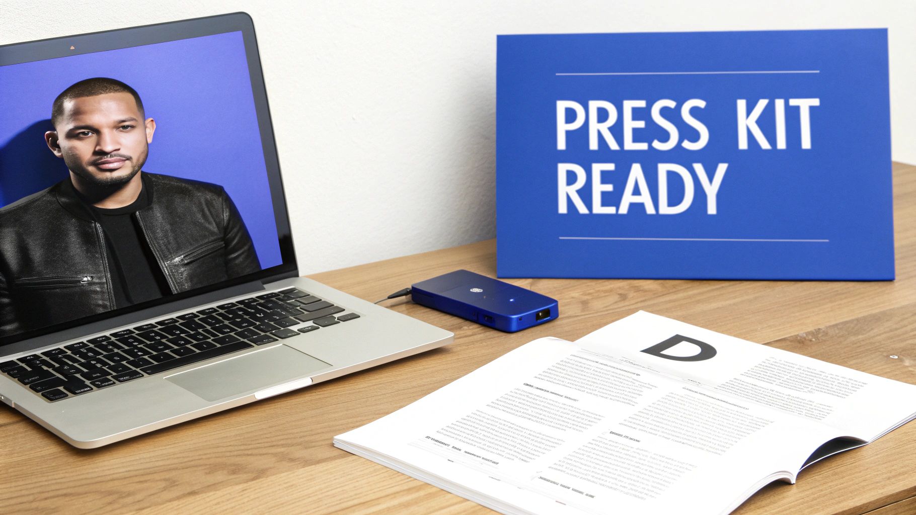 A desk setup with a laptop displaying a person, a blue device, and a 'PRESS KIT READY' sign.