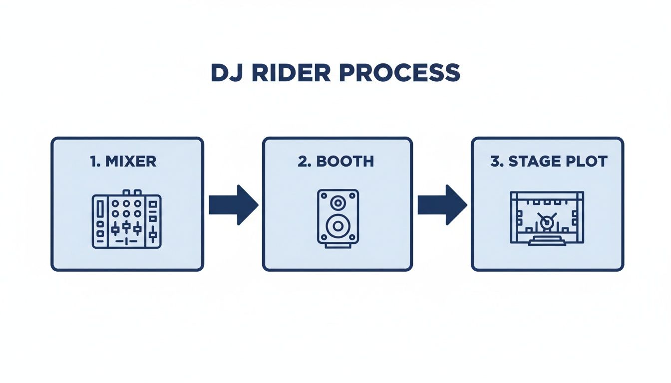 A diagram outlining the DJ rider process with steps for mixer, booth, and stage plot.