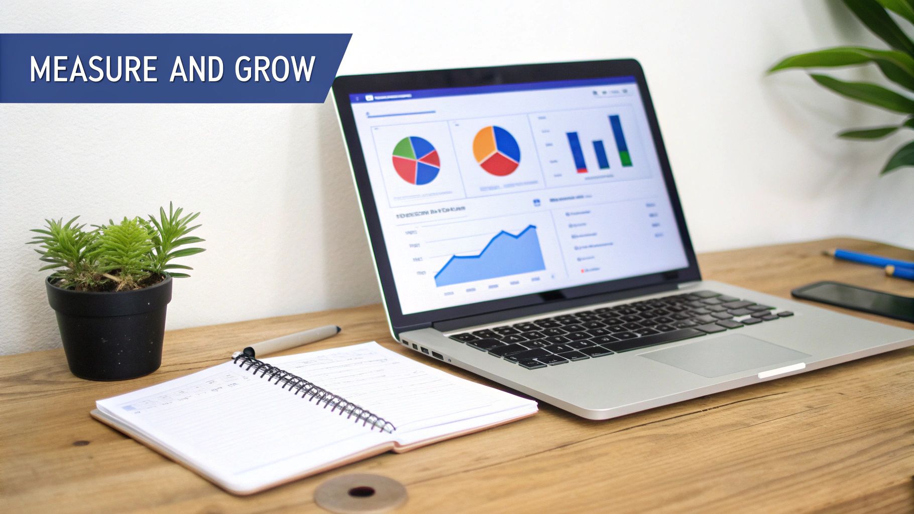 Desk setup with a laptop displaying growth charts, a notebook, pen, and potted plant.