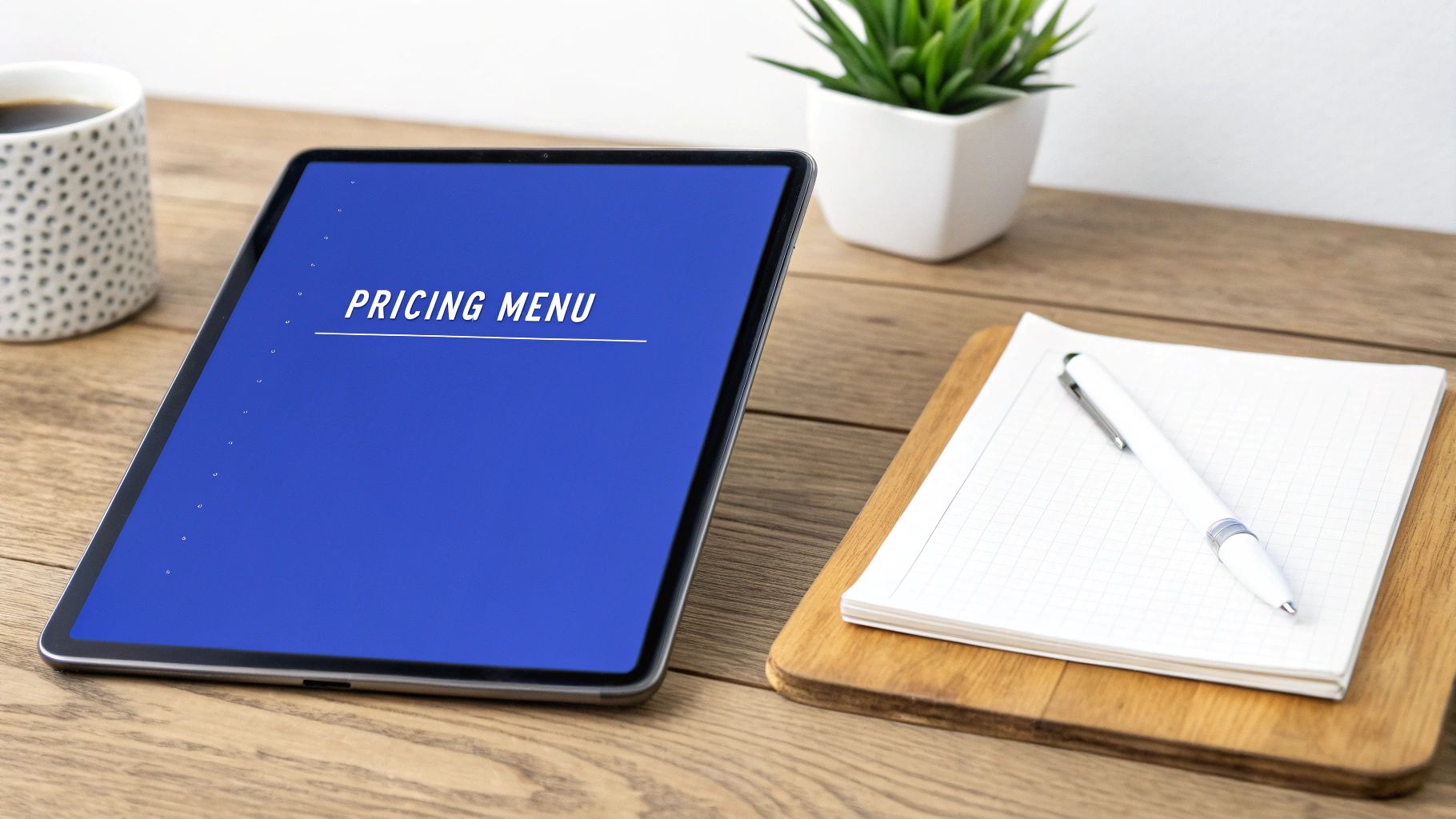 Tablet displaying 'Pricing Menu' on a blue screen, alongside coffee, a notepad, and a plant.