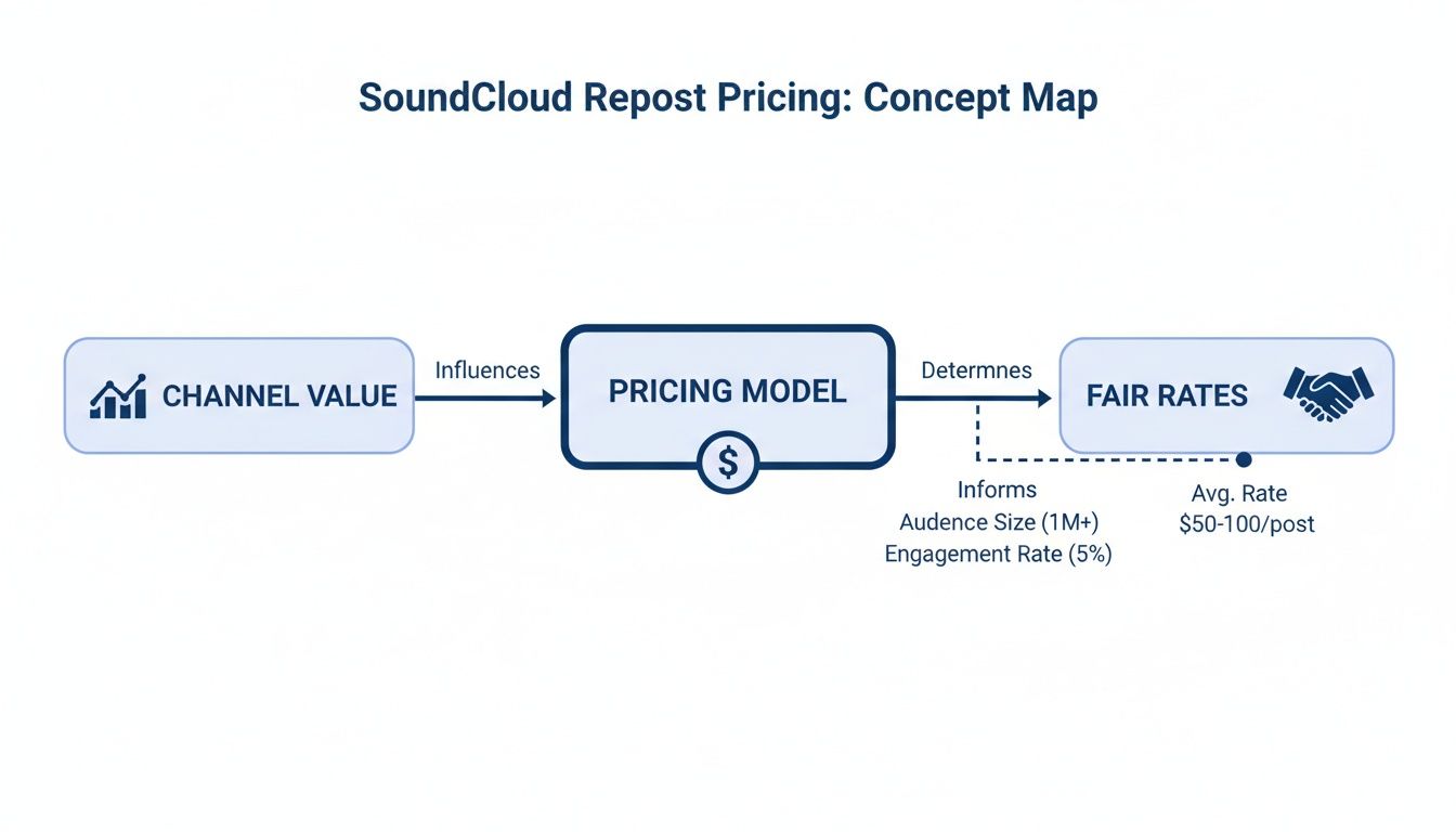 A concept map illustrating SoundCloud repost pricing from channel value to fair rates.