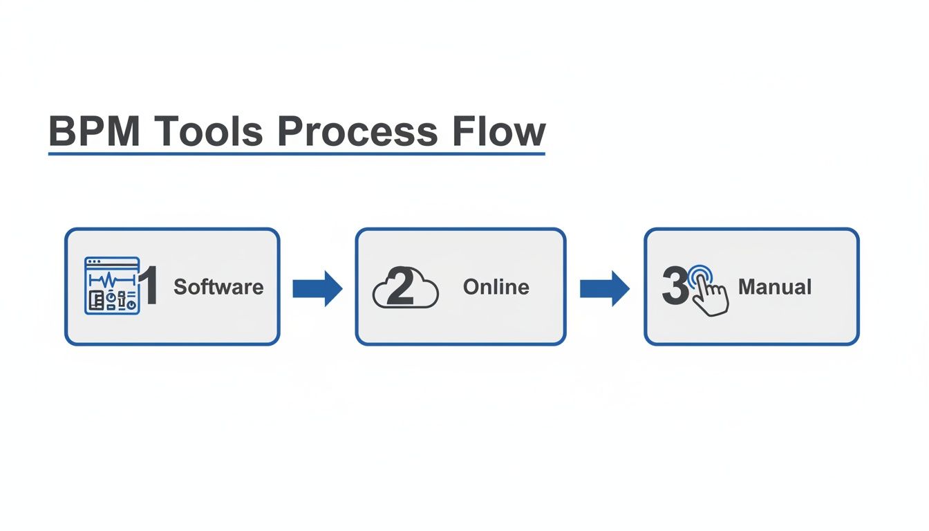 A BPM tools process flow diagram illustrating three distinct stages: software, online, and manual operations.
