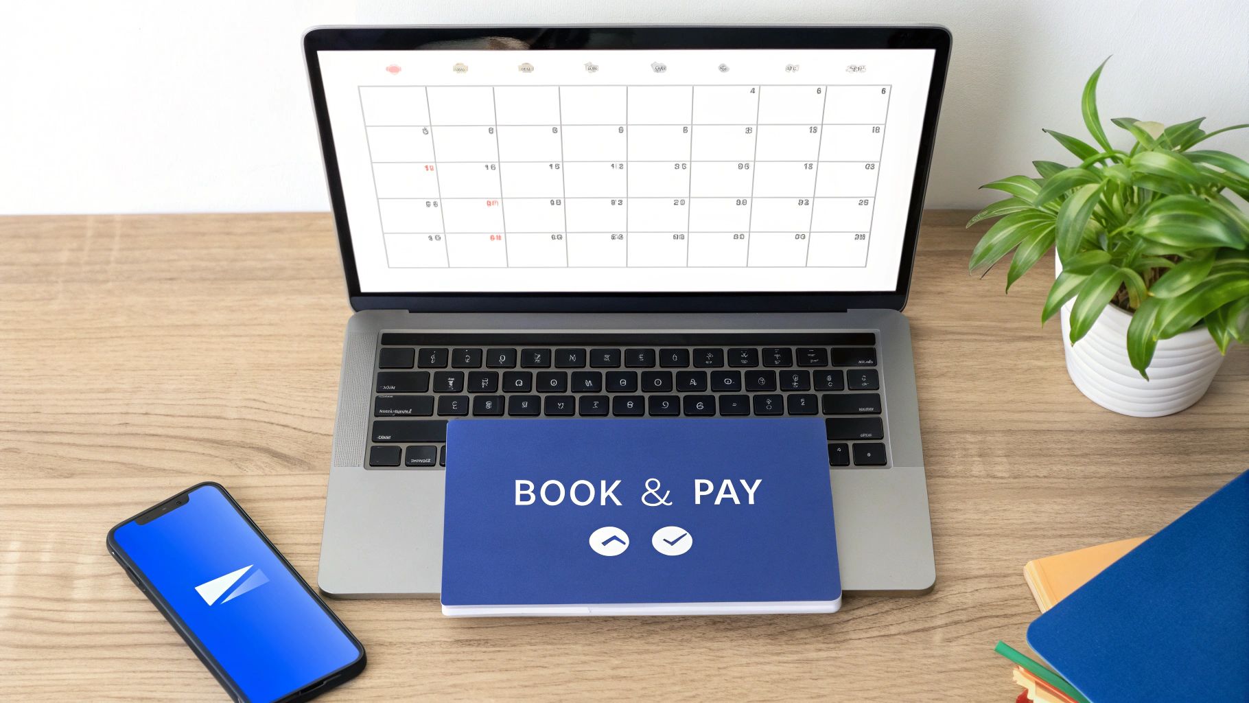 Laptop displaying a calendar with a 'Book & Pay' notebook, smartphone, and plant on a wooden desk.