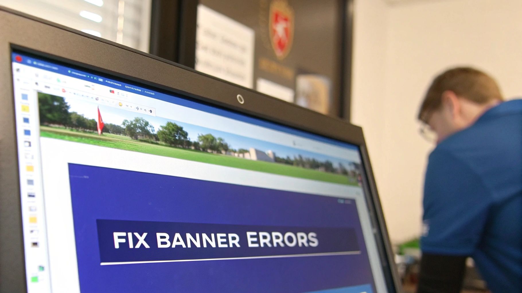 A person works on a laptop displaying a webpage with a golf course banner and 'FIX BANNER ERRORS' text.
