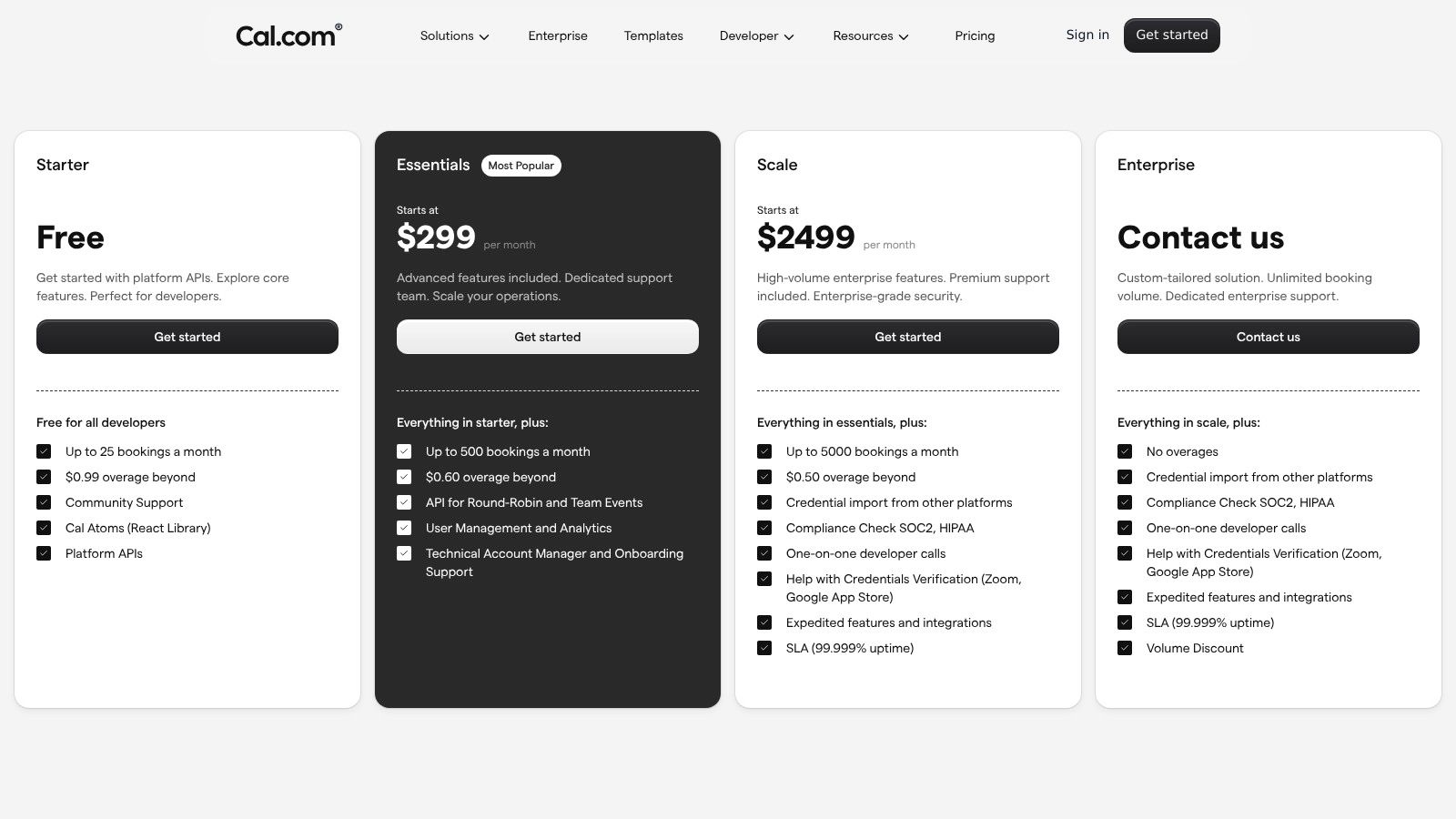 The right SoundCloud booking system for premieres 5 Cal.com pricing plans showing different tiers and features