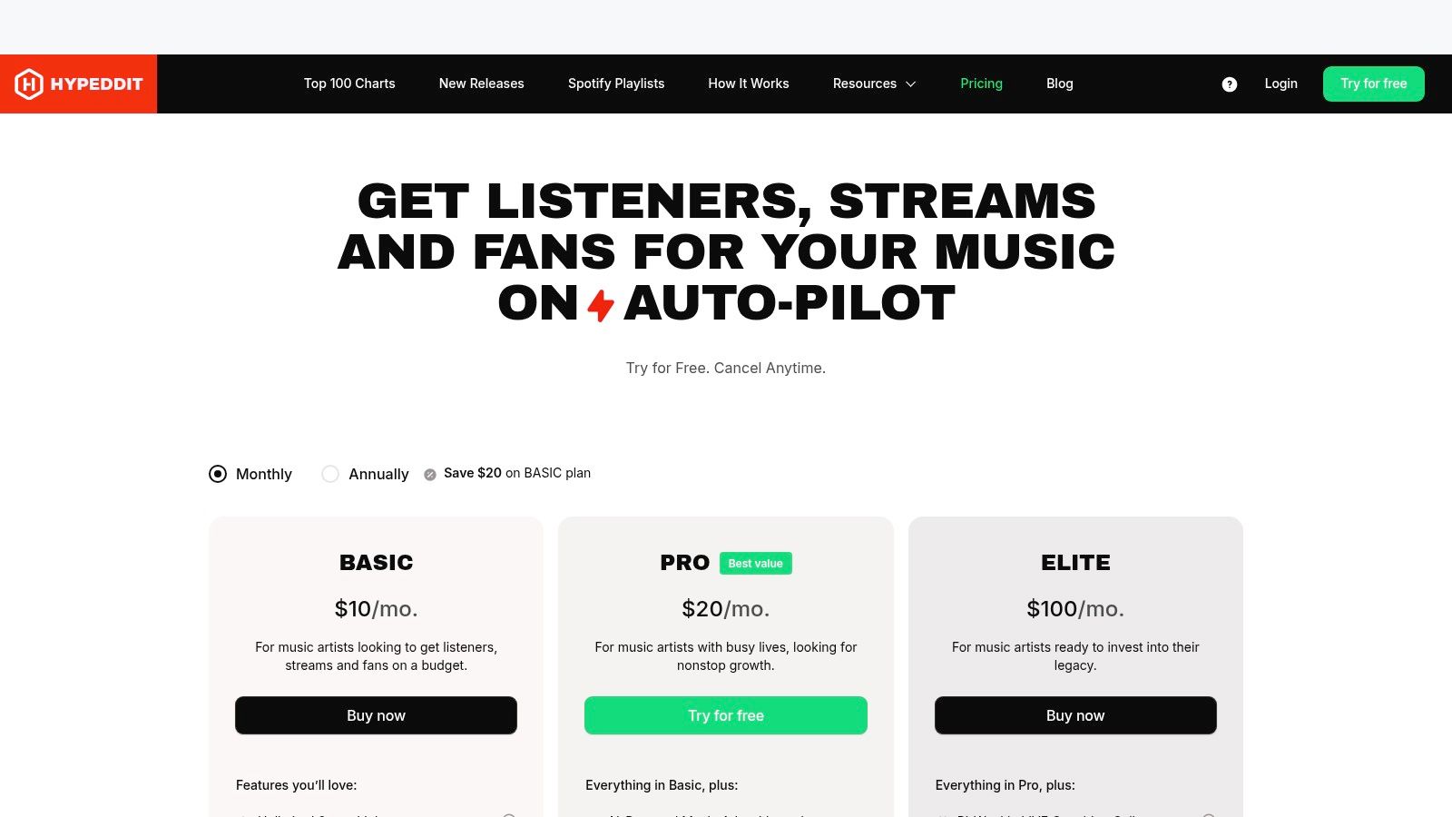 The right SoundCloud booking system for premieres 10 Hypeddit pricing tiers showing features for each plan