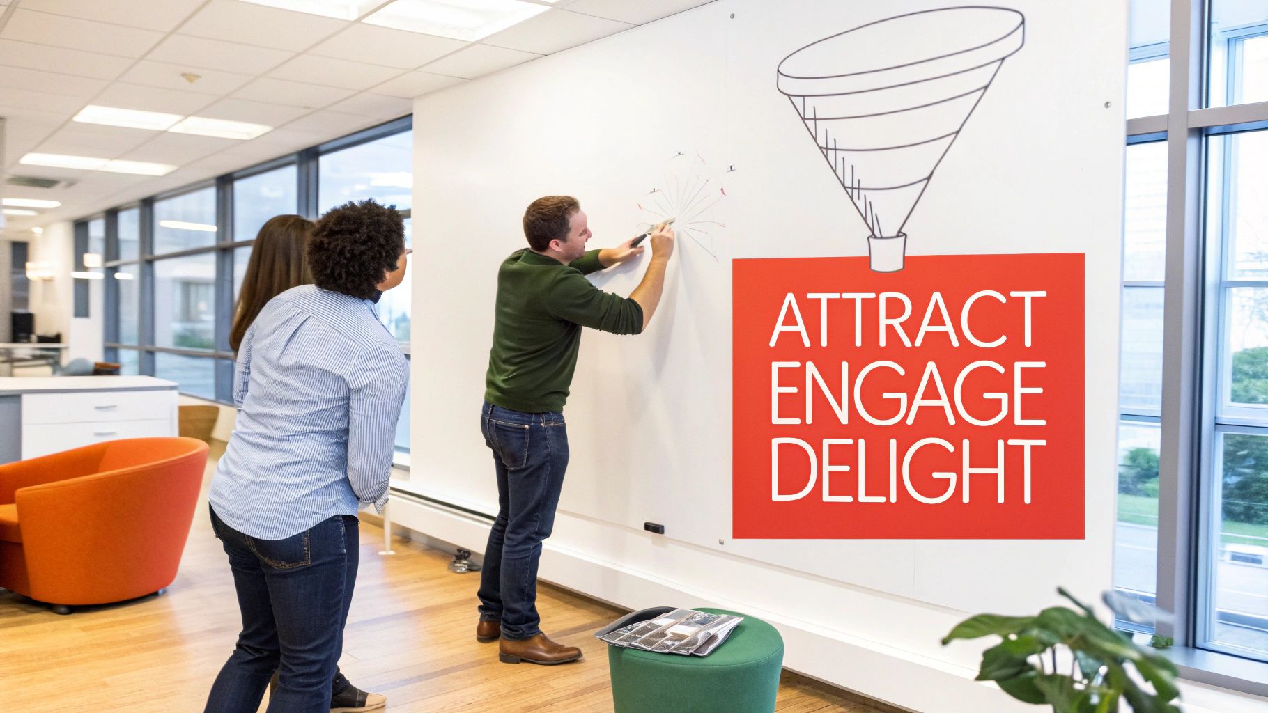 A group of people collaborating on a marketing strategy on a whiteboard.