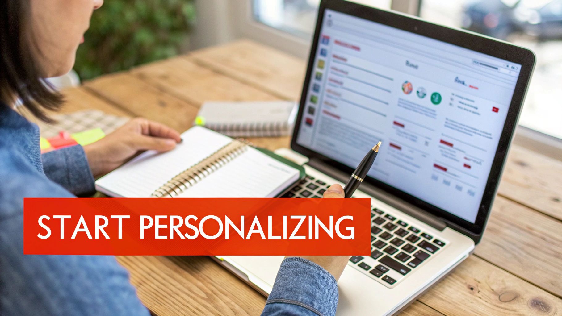 Close-up of a person personalizing content on a laptop while writing notes in a physical notebook.