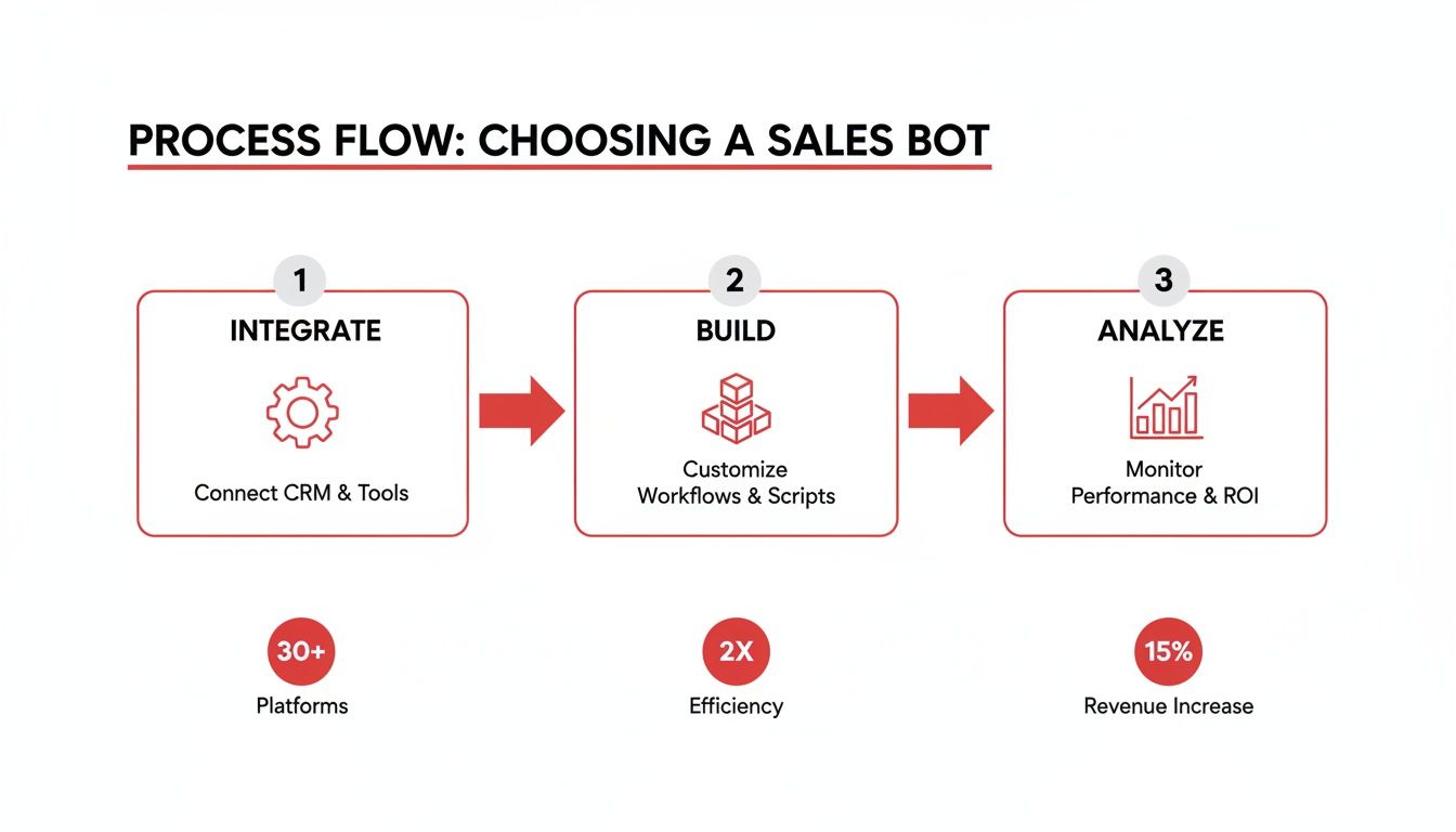 A process flow for choosing a sales bot, detailing steps for integration, building, and analysis.
