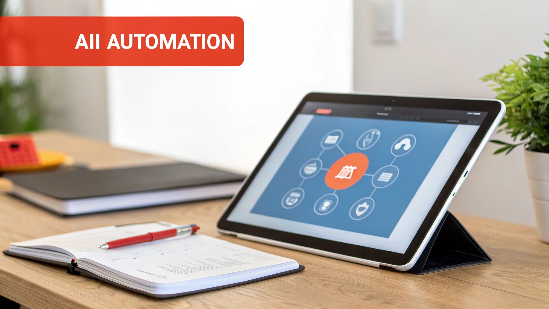A modern workspace with a tablet displaying an automation diagram, an open notebook, and a red pen on a wooden desk.