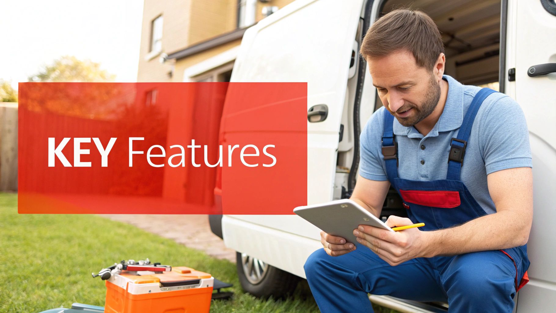 A technician in a blue uniform sits by a white van, looking at a tablet and holding a pen.