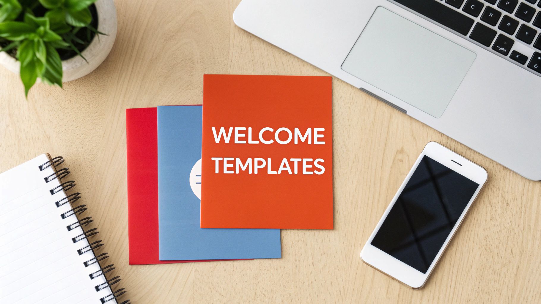 A top-down view of a modern desk featuring a laptop, smartphone, plant, and an orange 'WELCOME TEMPLATES' booklet.