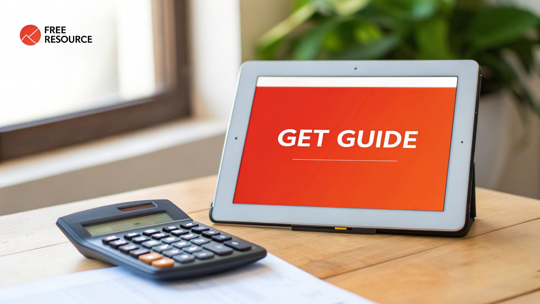 A tablet showing 'GET GUIDE' on an orange screen, with a calculator and papers on a wooden desk.