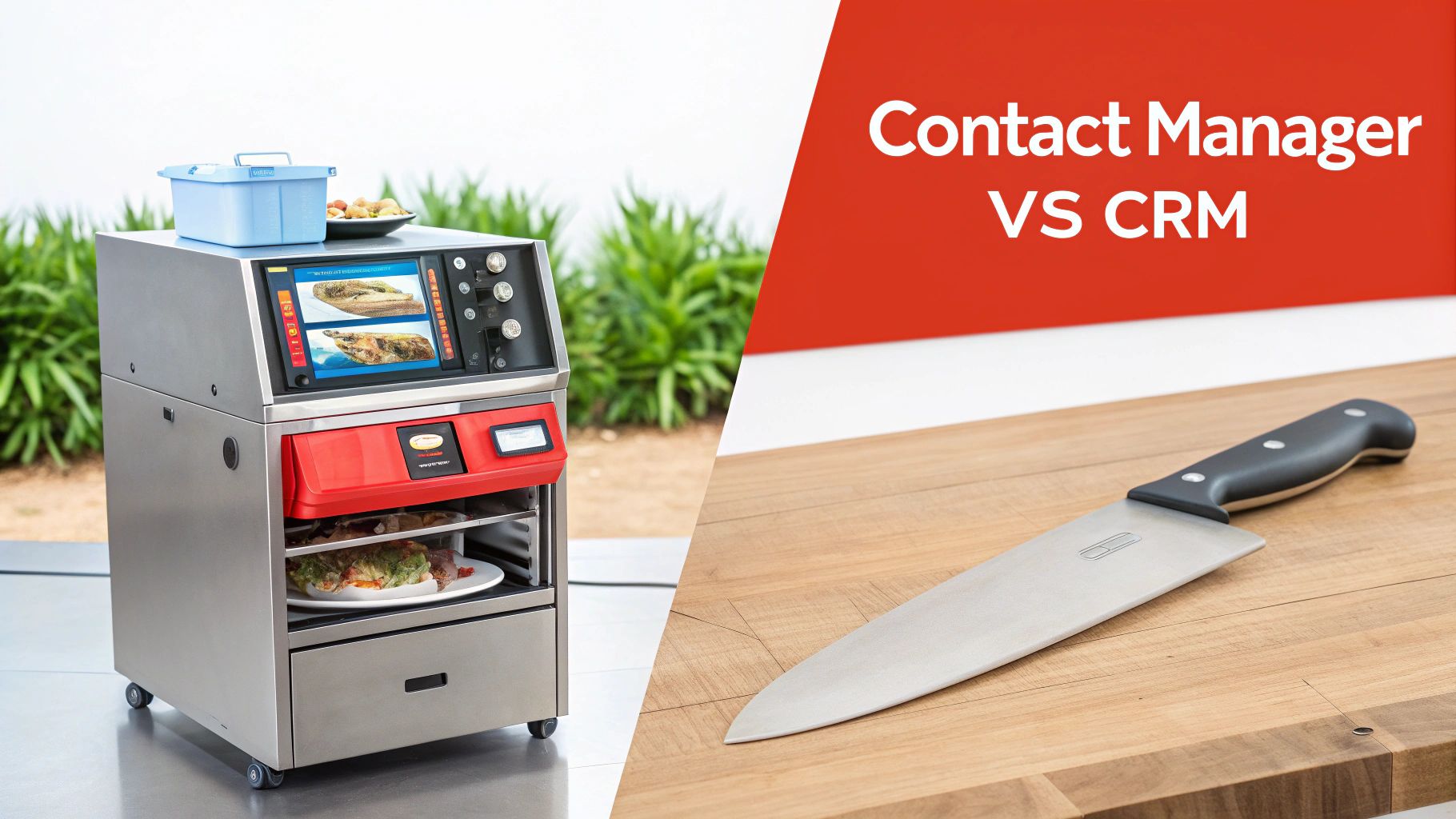 A kitchen appliance with food on the left, and 'Contact Manager VS CRM' text with a knife on the right.