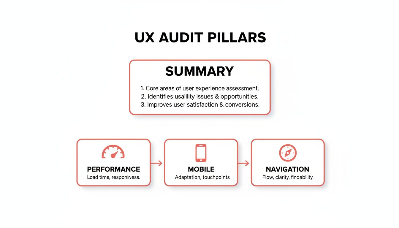 Infographic explaining UX Audit Pillars: Performance, Mobile, and Navigation, and their summary.