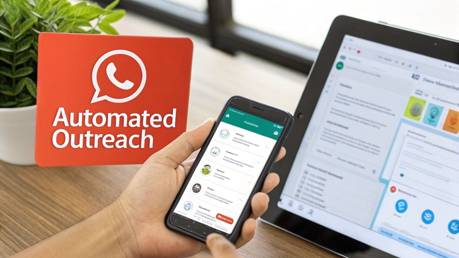A workflow diagram showing automation triggers from a CRM leading to personalized WhatsApp messages.