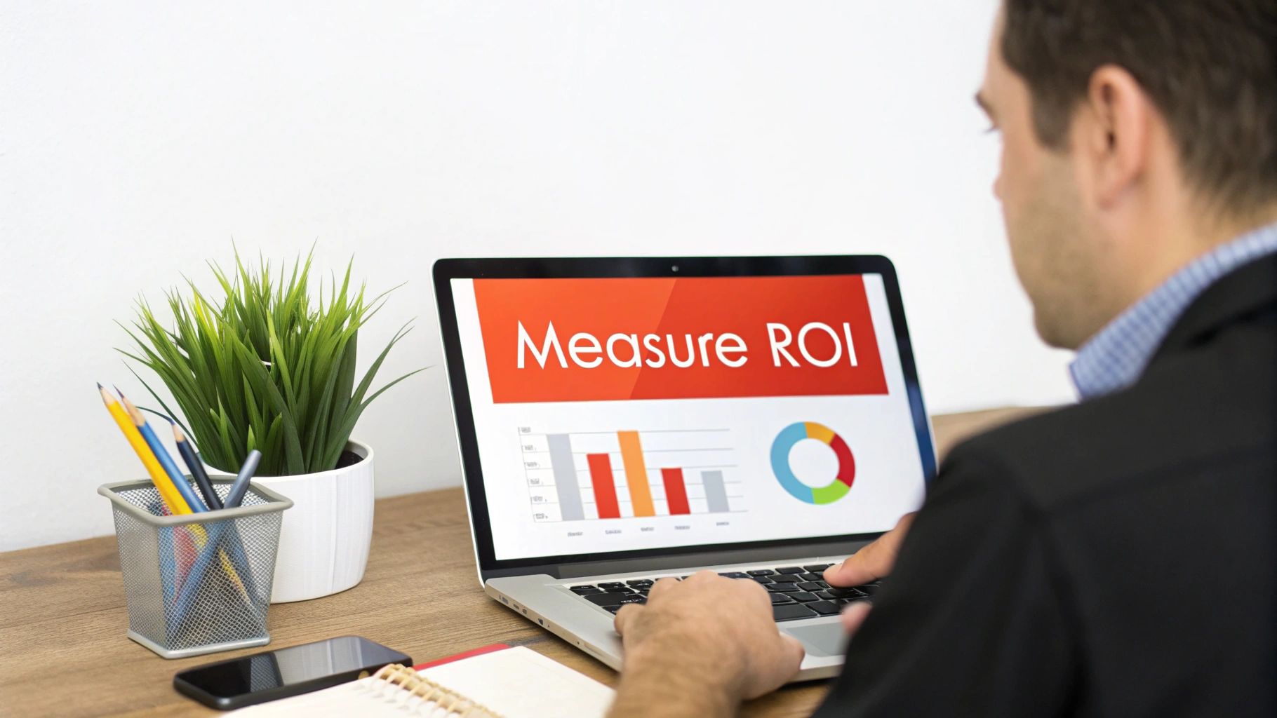 Over-the-shoulder view of a person working on a laptop displaying a 'Measure ROI' presentation.