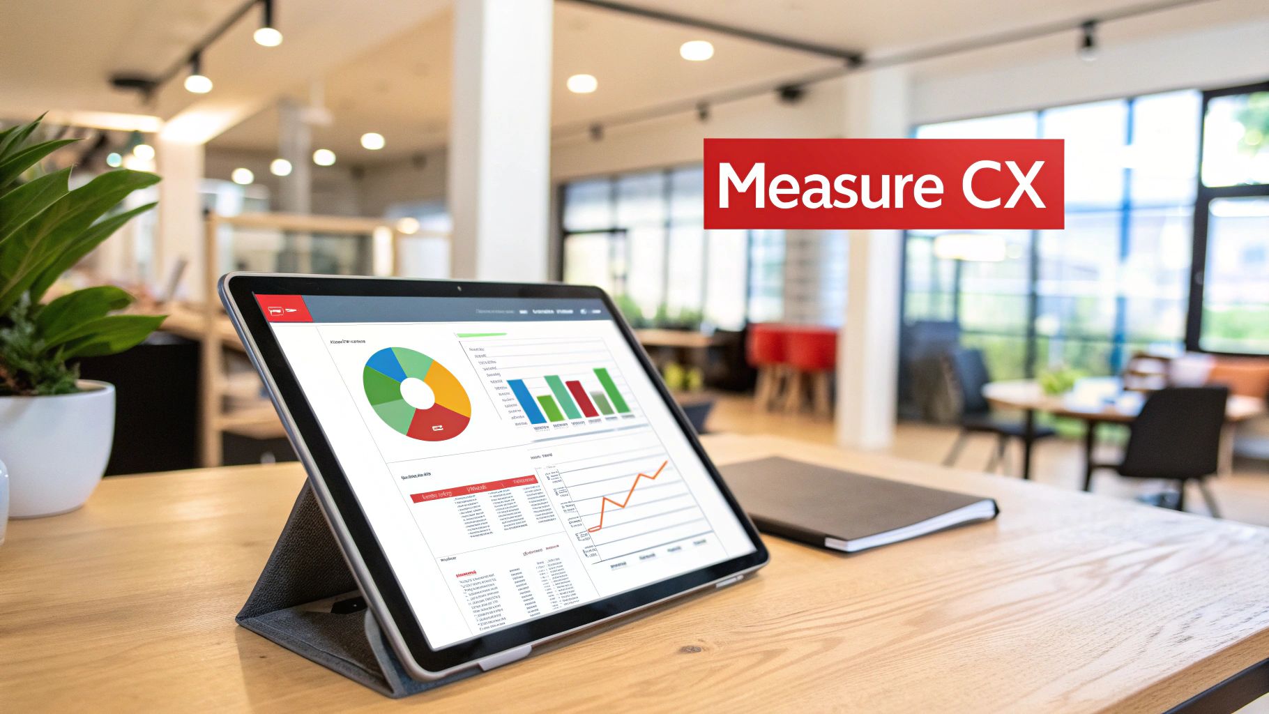 A group of people collaborating on a project board filled with charts and notes, representing the strategic process of measuring customer experience.