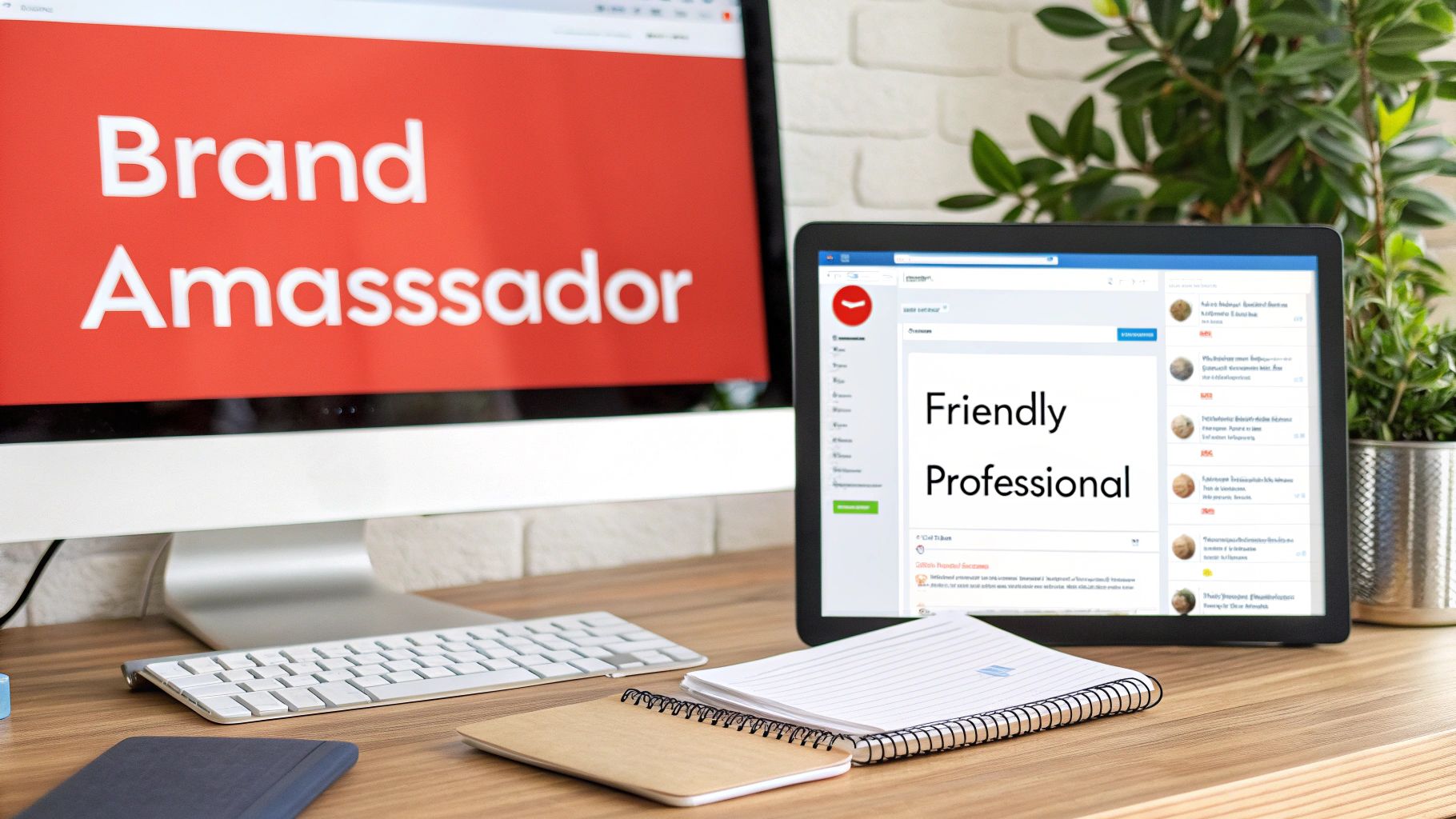A desk setup featuring a monitor with 'Brand Ambassador' text and a tablet showing 'Friendly Professional' text.