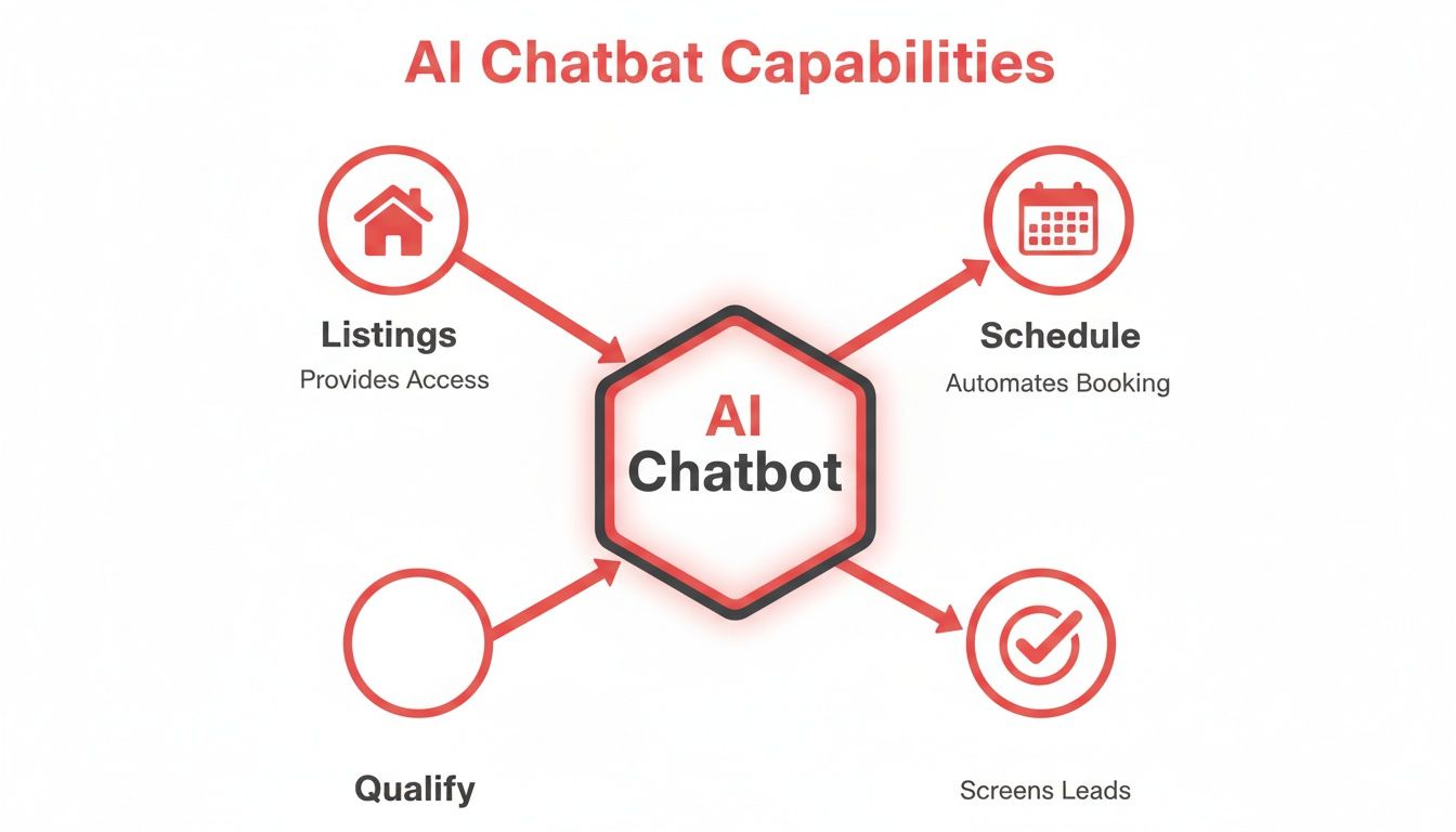 Diagram illustrating AI Chatbot capabilities for real estate, covering listings, scheduling, qualifying, and lead screening.