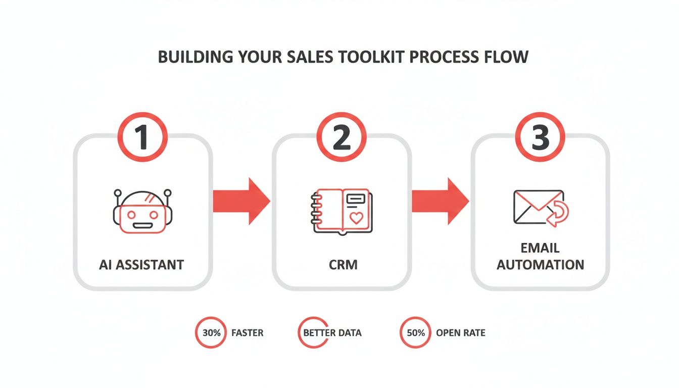 A three-step sales toolkit process flow showing AI Assistant, CRM, and Email Automation with associated benefits.