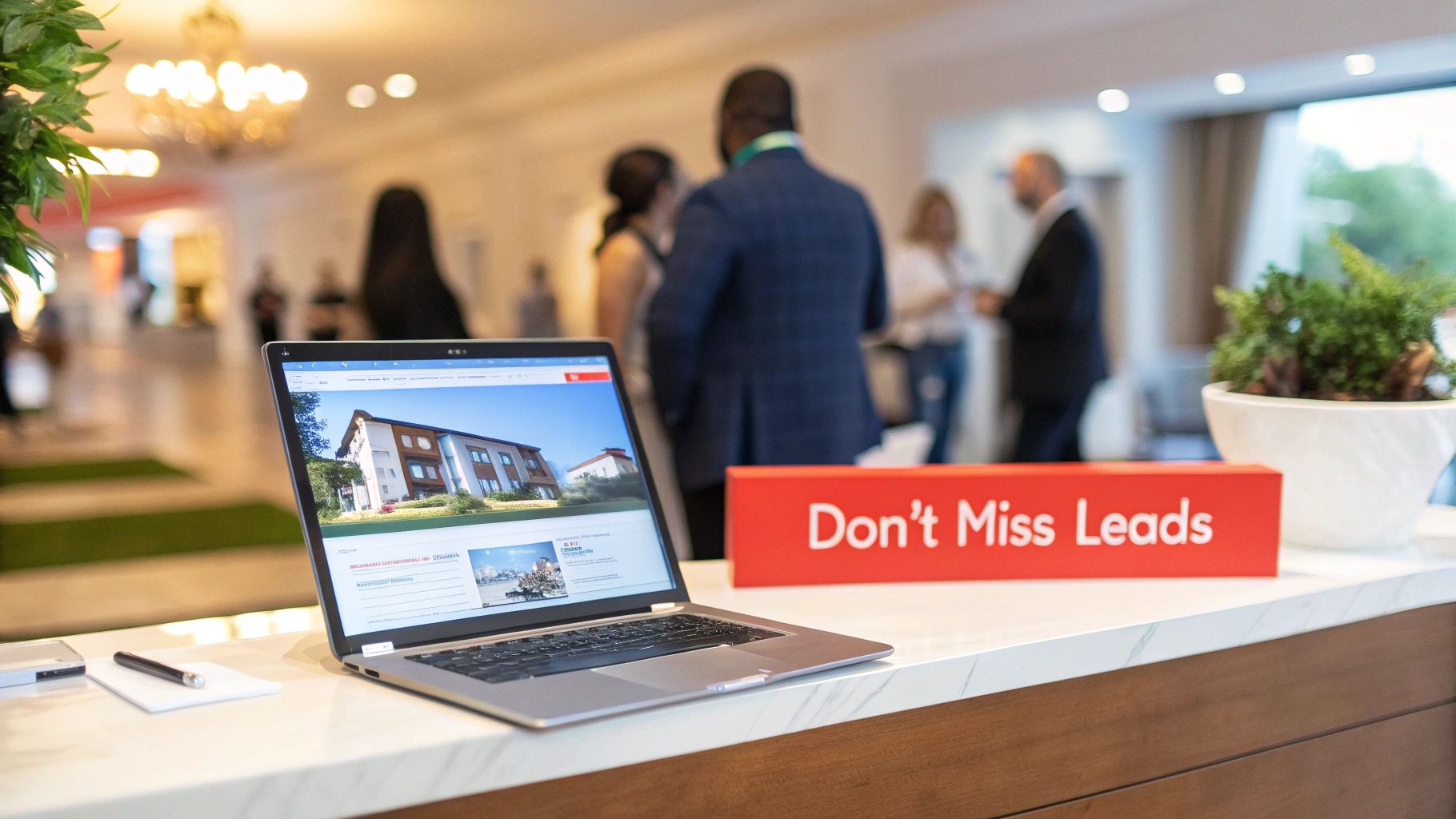 A laptop on a counter displays a real estate website, next to a red 'Don't Miss Leads' sign.