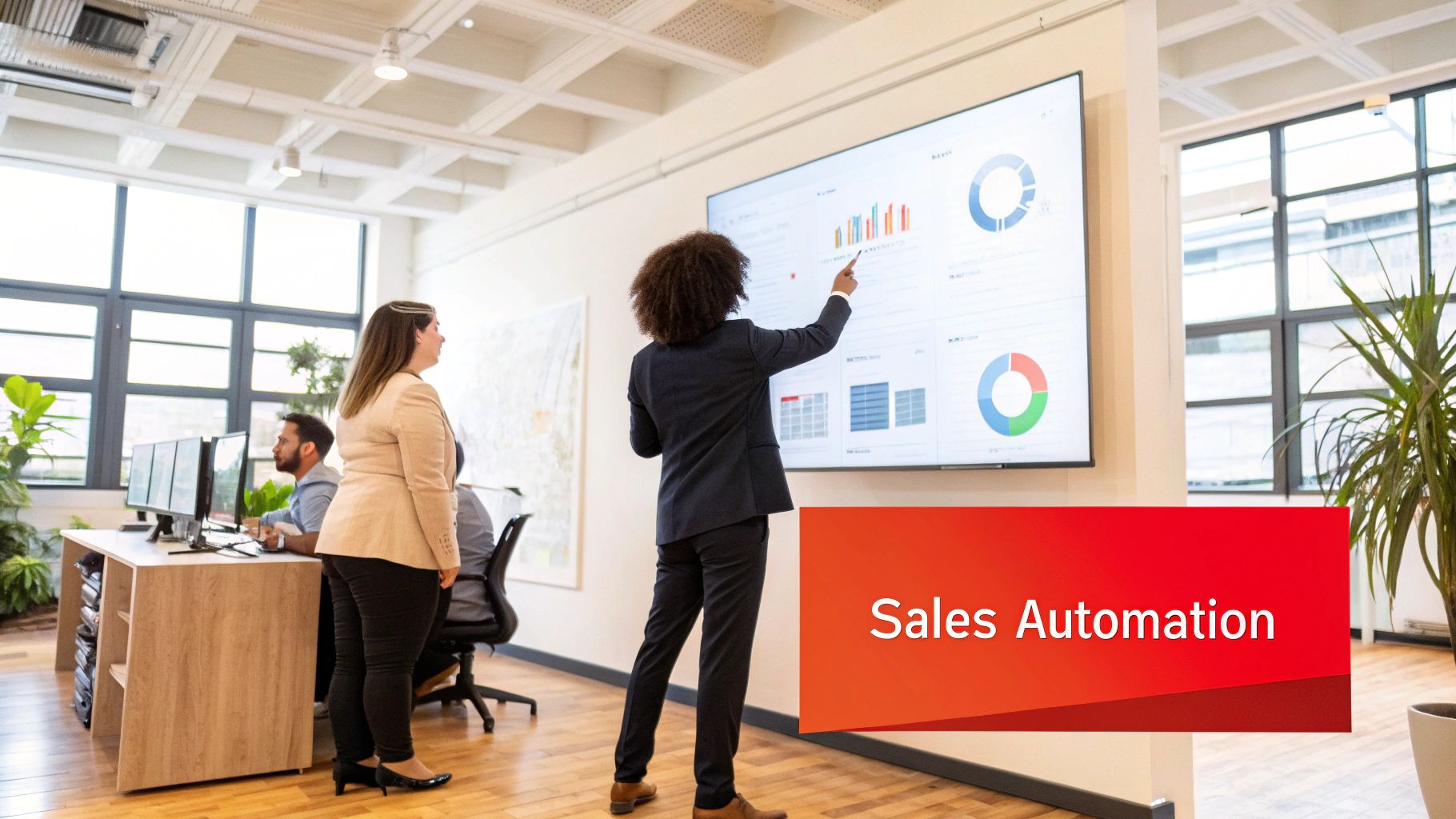 A diverse team analyzes sales data on a large screen, discussing sales automation strategies in a modern office.