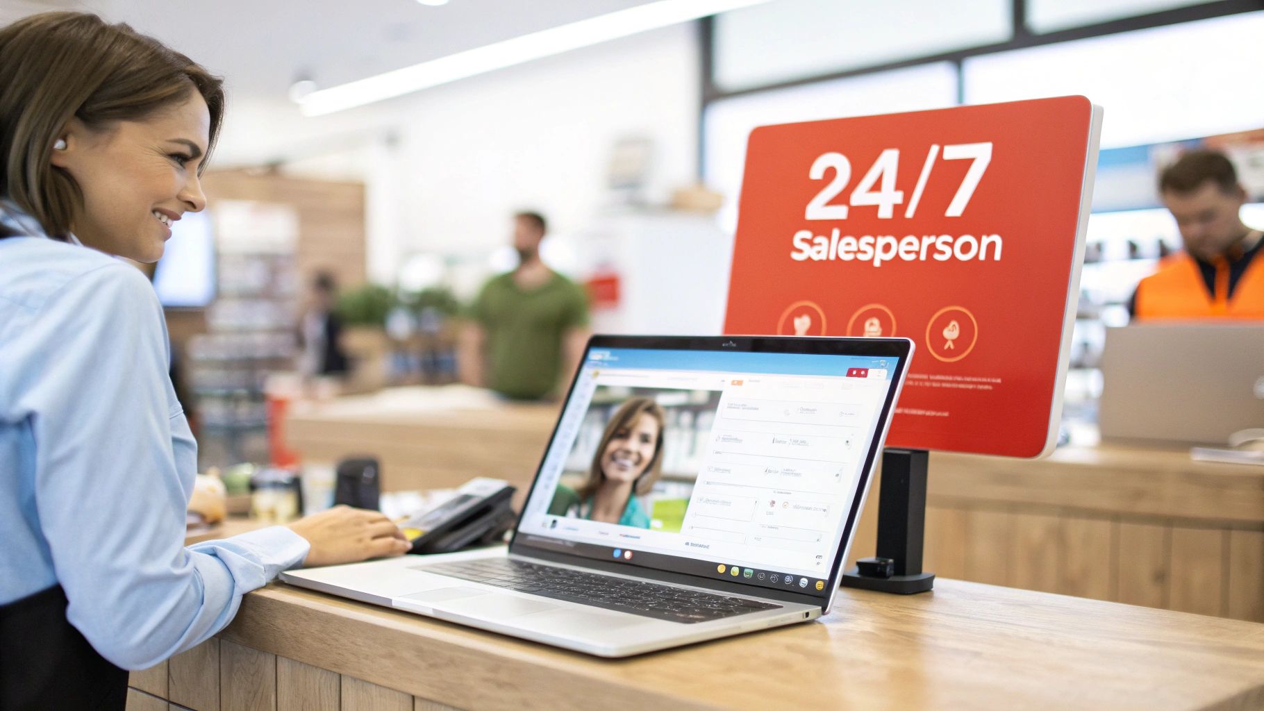 A woman smiling while looking at a laptop showing a video chat, with a '24/7 Salesperson' sign in the background.