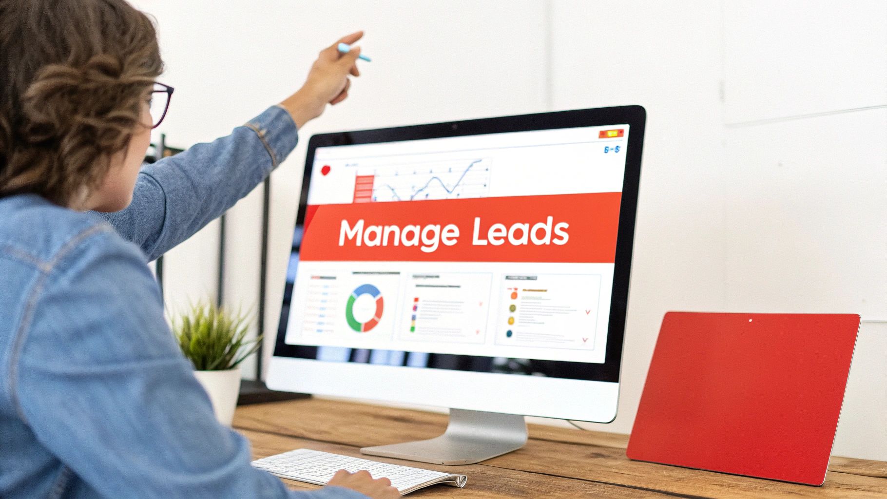 A person pointing at a computer screen displaying a 'Manage Leads' dashboard with charts and data analysis.