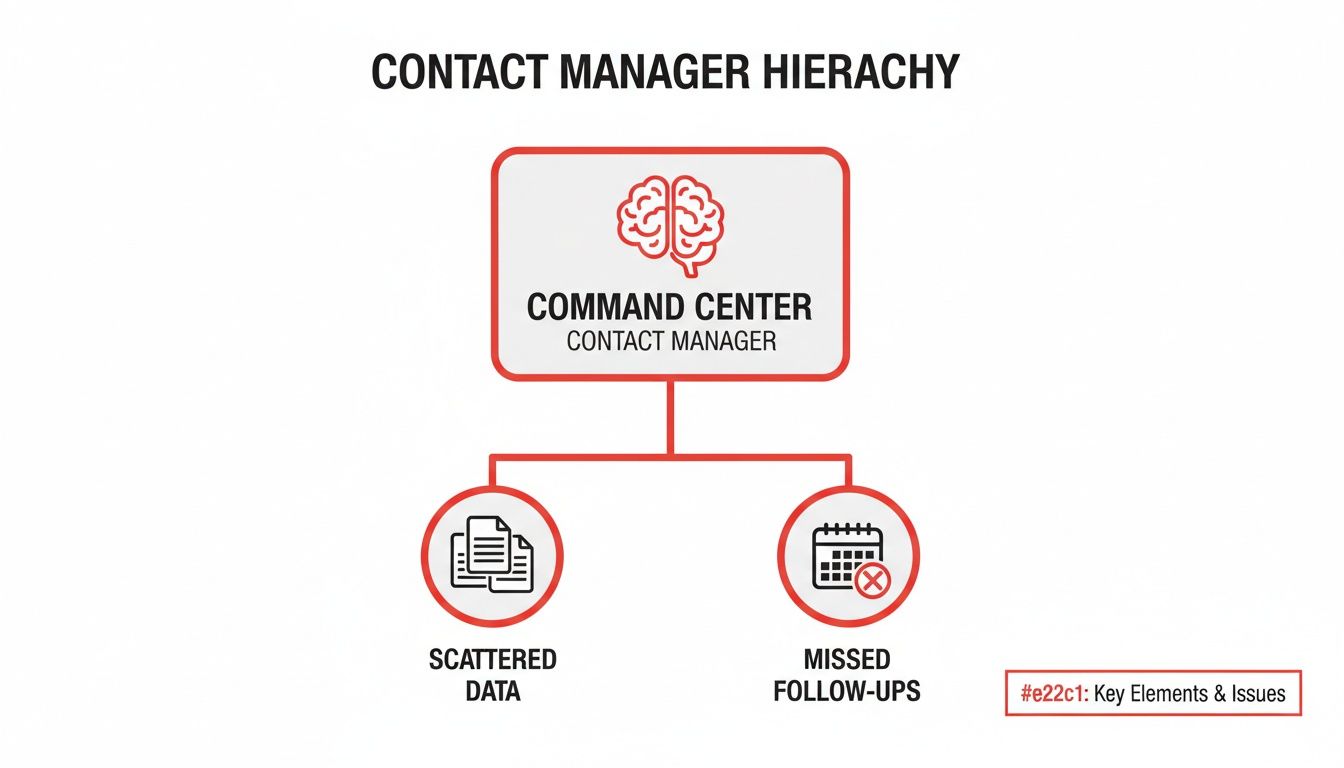 Hierarchy diagram showing a Command Center Contact Manager leading to Scattered Data and Missed Follow-ups.