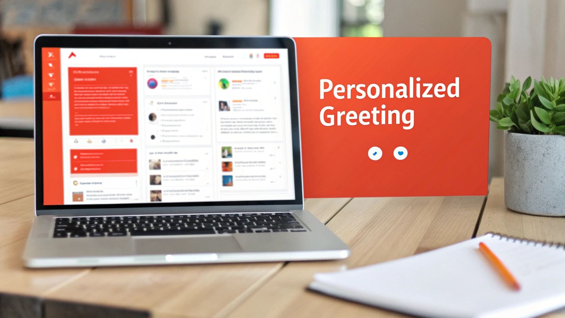 A laptop on a wooden desk displays a web interface, next to a red sign reading 'Personalized Greeting'.