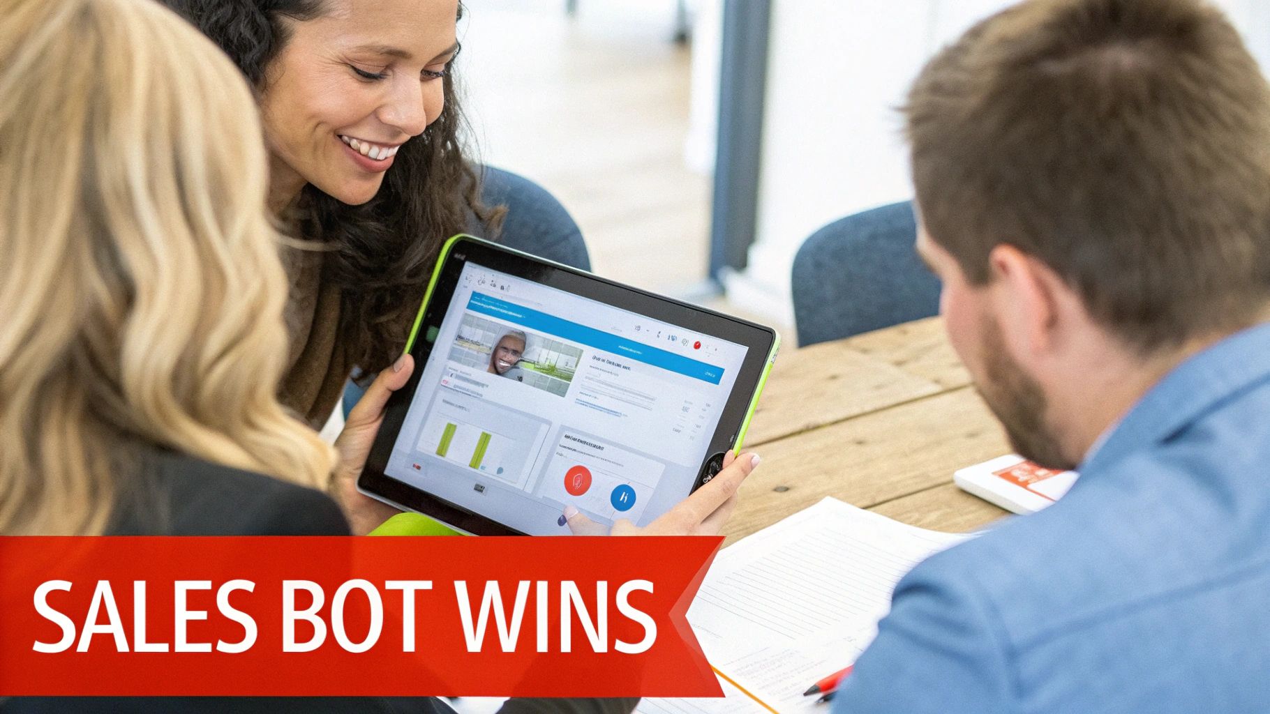 Three diverse people smiling and collaborating around a tablet displaying sales data and a sales bot interface.