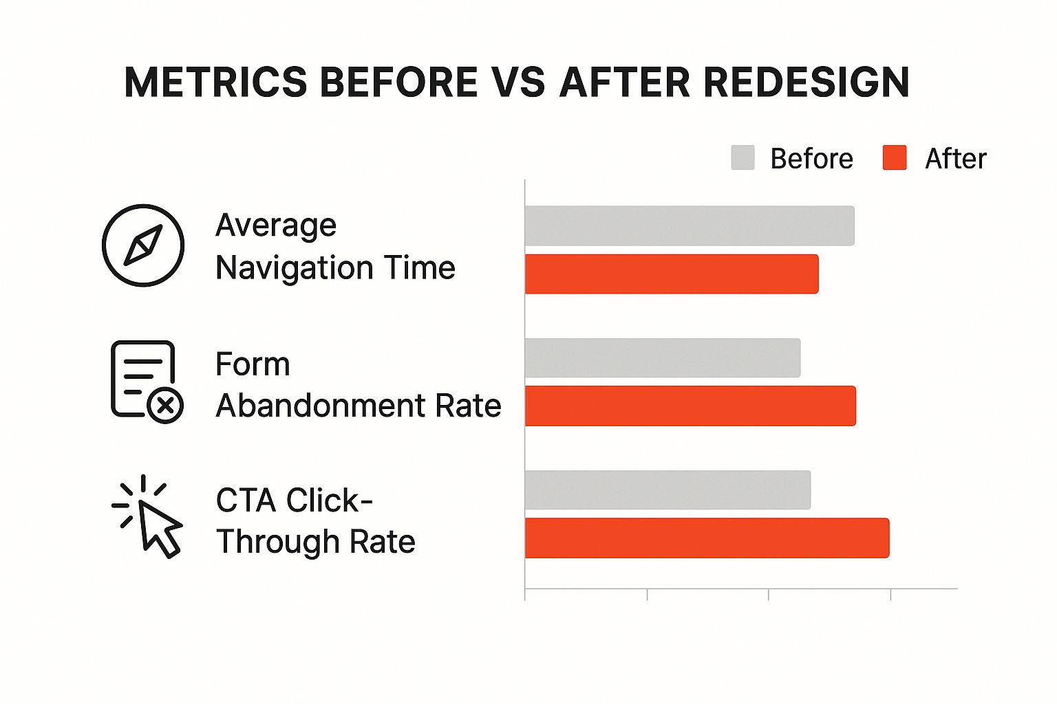 Infographic comparing user experience metrics before and after a redesign, showing improvements in navigation time, form abandonment, and CTA clicks.