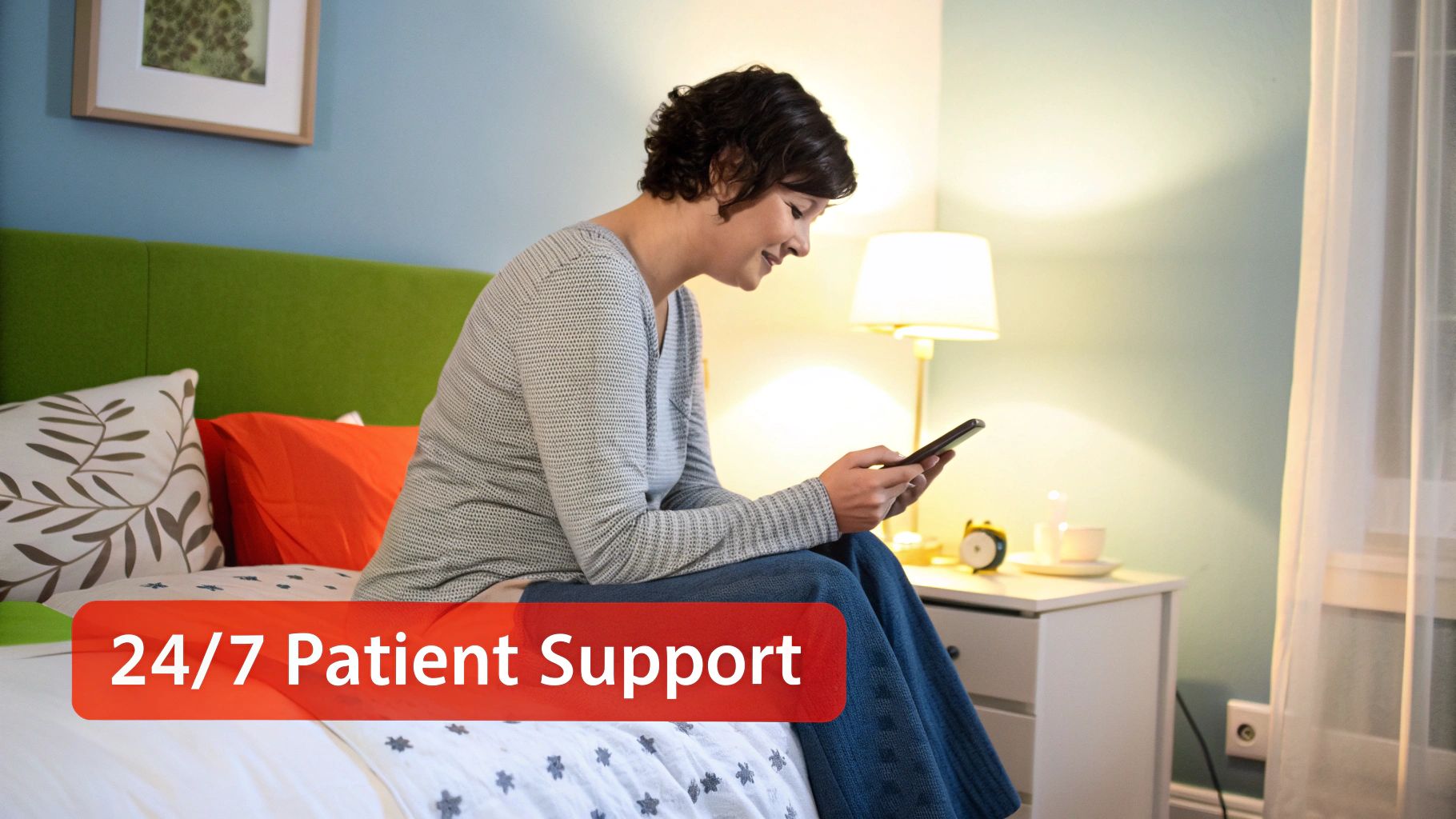 A patient smiling while using a smartphone, showing a chatbot conversation on the screen.