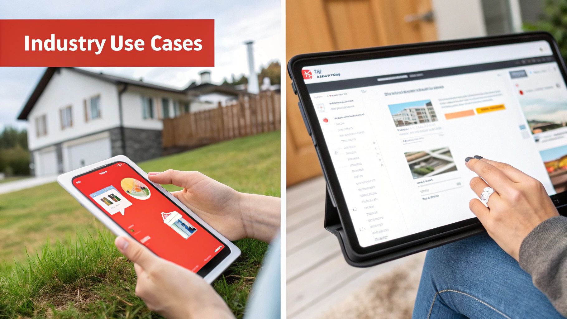 A customer support chatbot interface showing various industry icons like a shopping cart, a software gear, and a house.