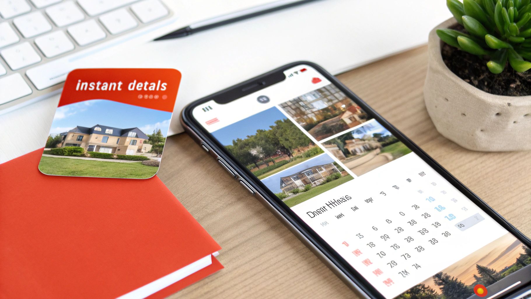 Smartphone displaying a real estate app with property listings and calendar, next to an 'instant details' card.