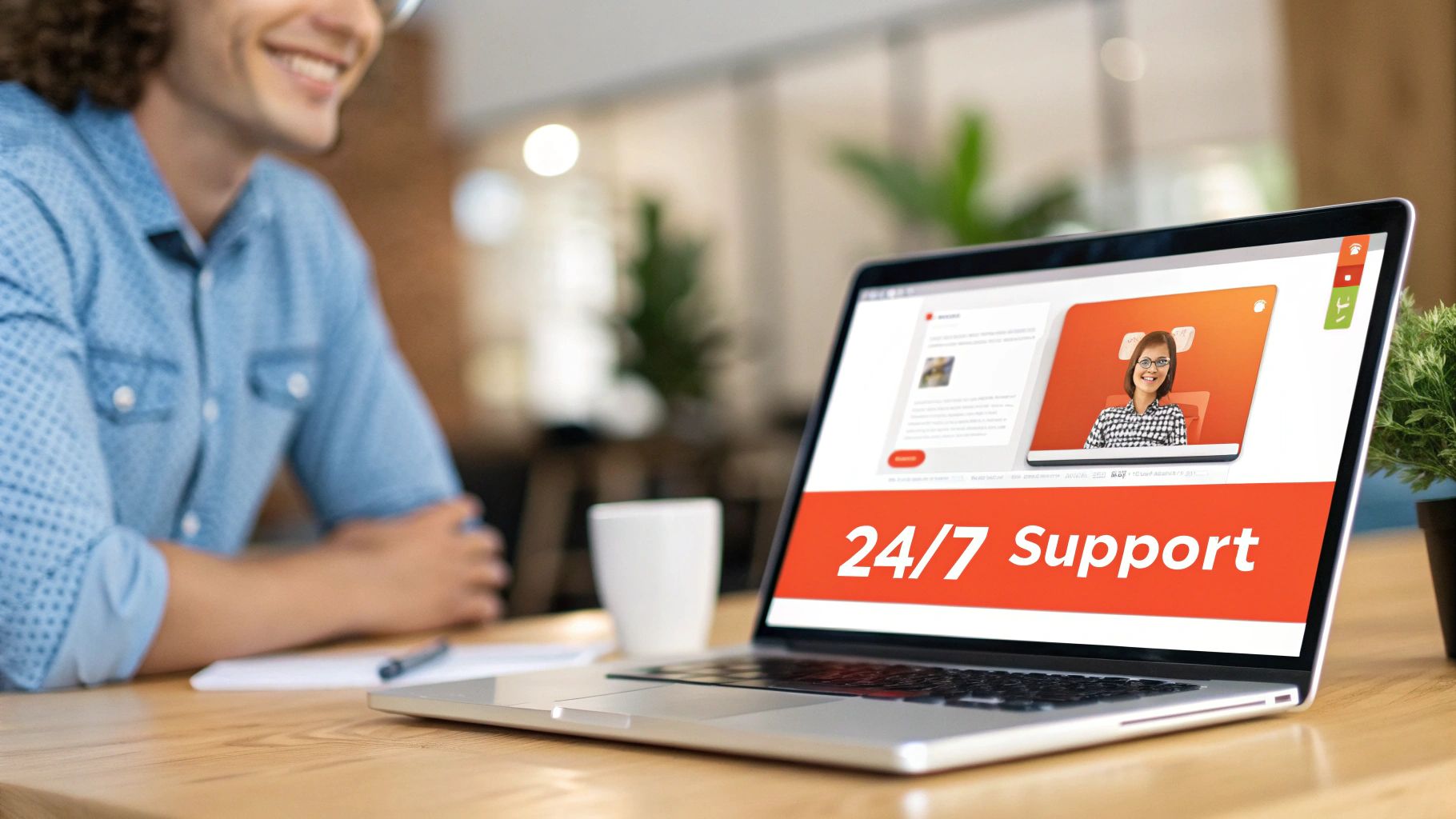 A person interacting with a customer support chatbot on their laptop, showing a friendly conversation interface.