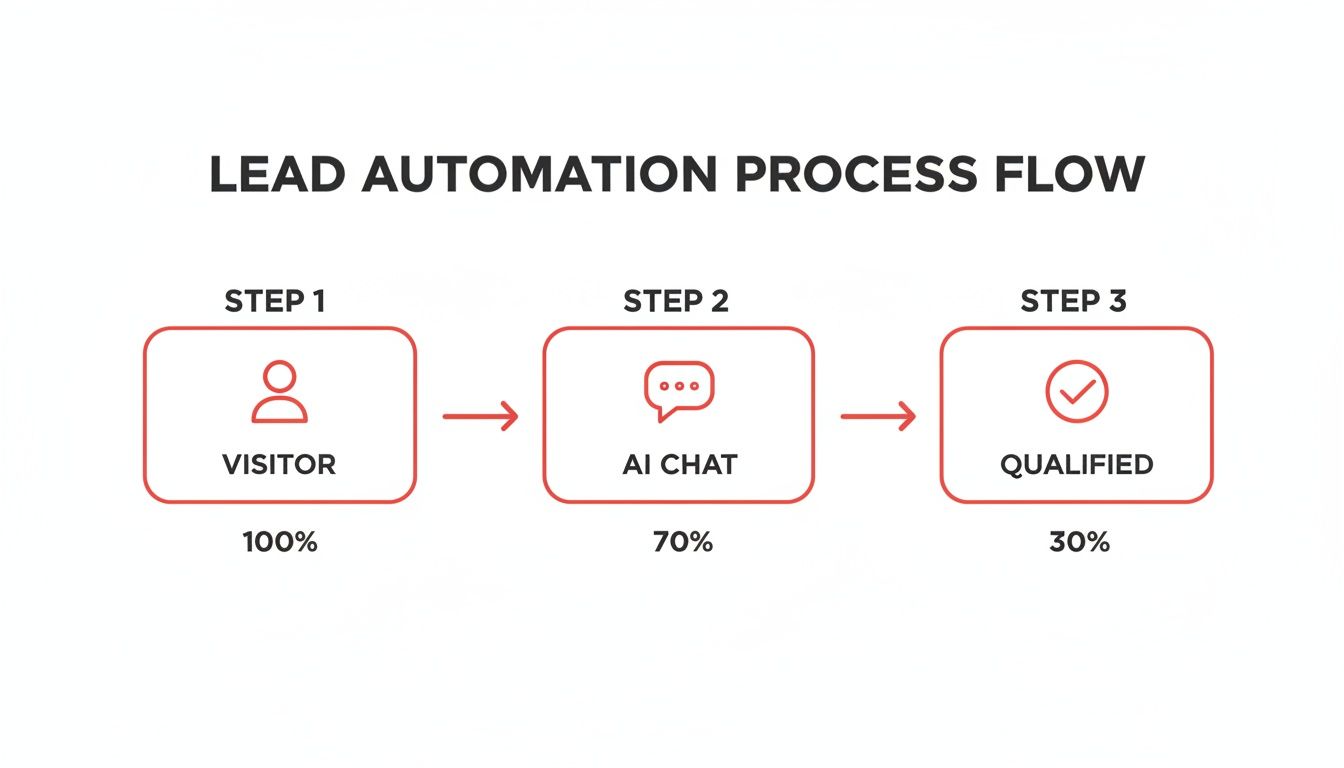 Lead automation process flow showing visitor, AI chat, and qualified stages with conversion rates.