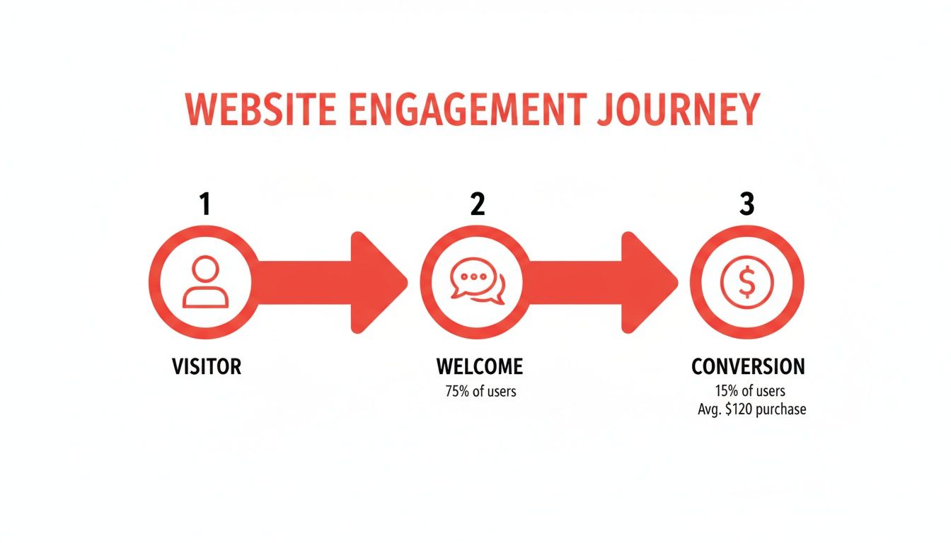 An infographic illustrating the website engagement journey from visitor to welcome and conversion steps.