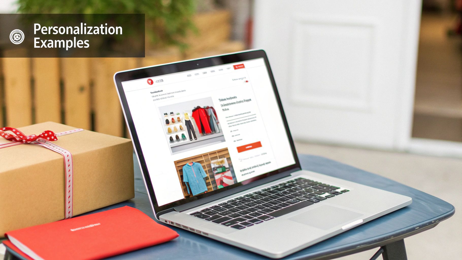Laptop displaying an e-commerce website with clothing, a gift box, and a notebook, illustrating personalization.