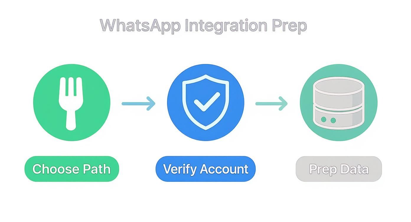 Infographic showing the three-step preparation process: Choose Path, Verify Account, and Prep Data.