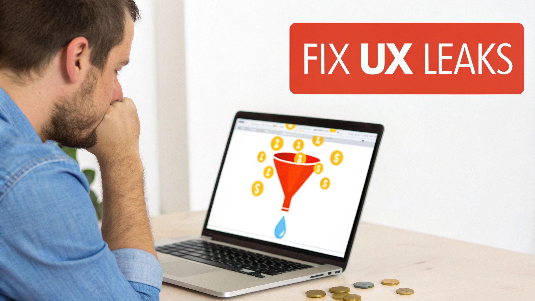 A thoughtful man looks at a laptop screen illustrating a leaking funnel and the text "FIX UX LEAKS".