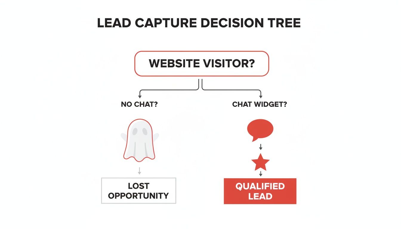 A lead capture decision tree illustrating paths for website visitors with and without a chat widget.