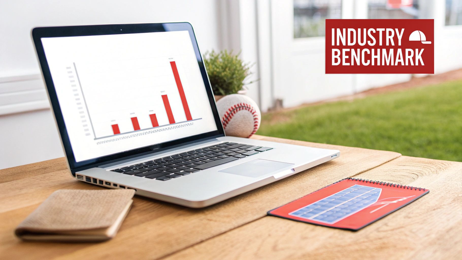 A laptop displaying a bar graph, a baseball, and notebooks on a wooden table outdoors with an 'Industry Benchmark' banner.