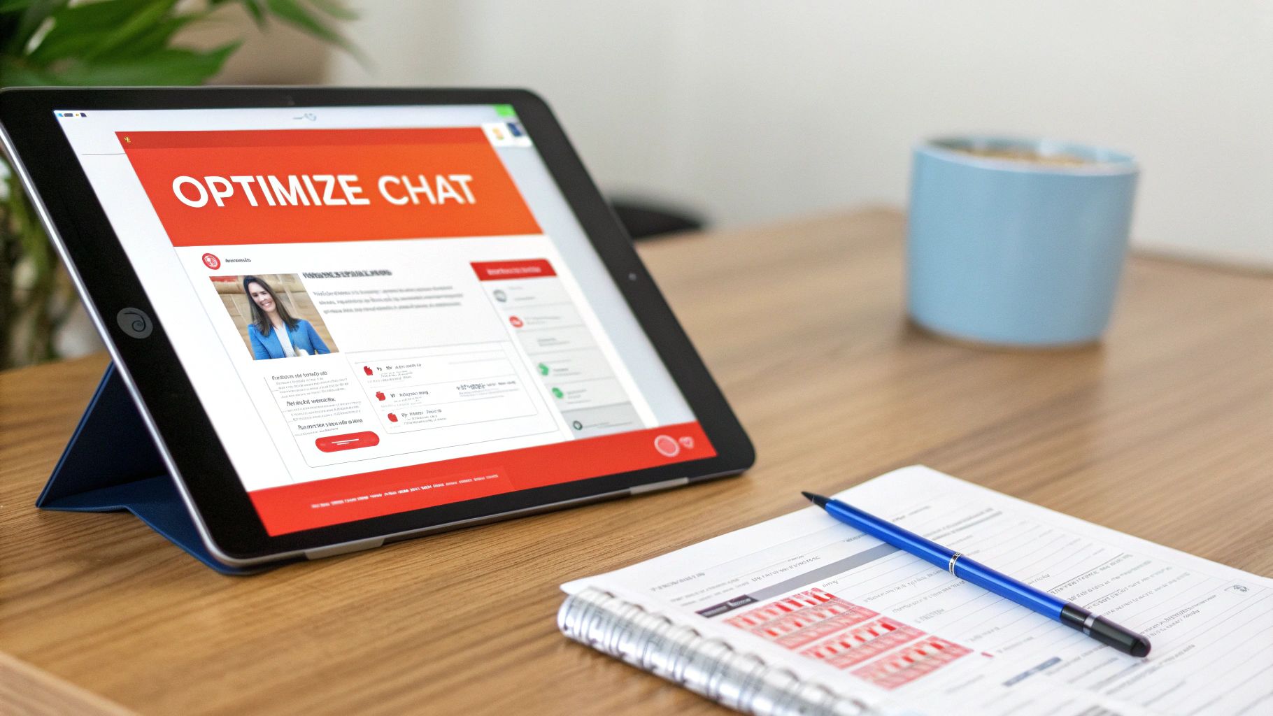 An iPad displaying a webpage titled 'OPTIMIZE CHAT' on a wooden desk with a notebook and pen.