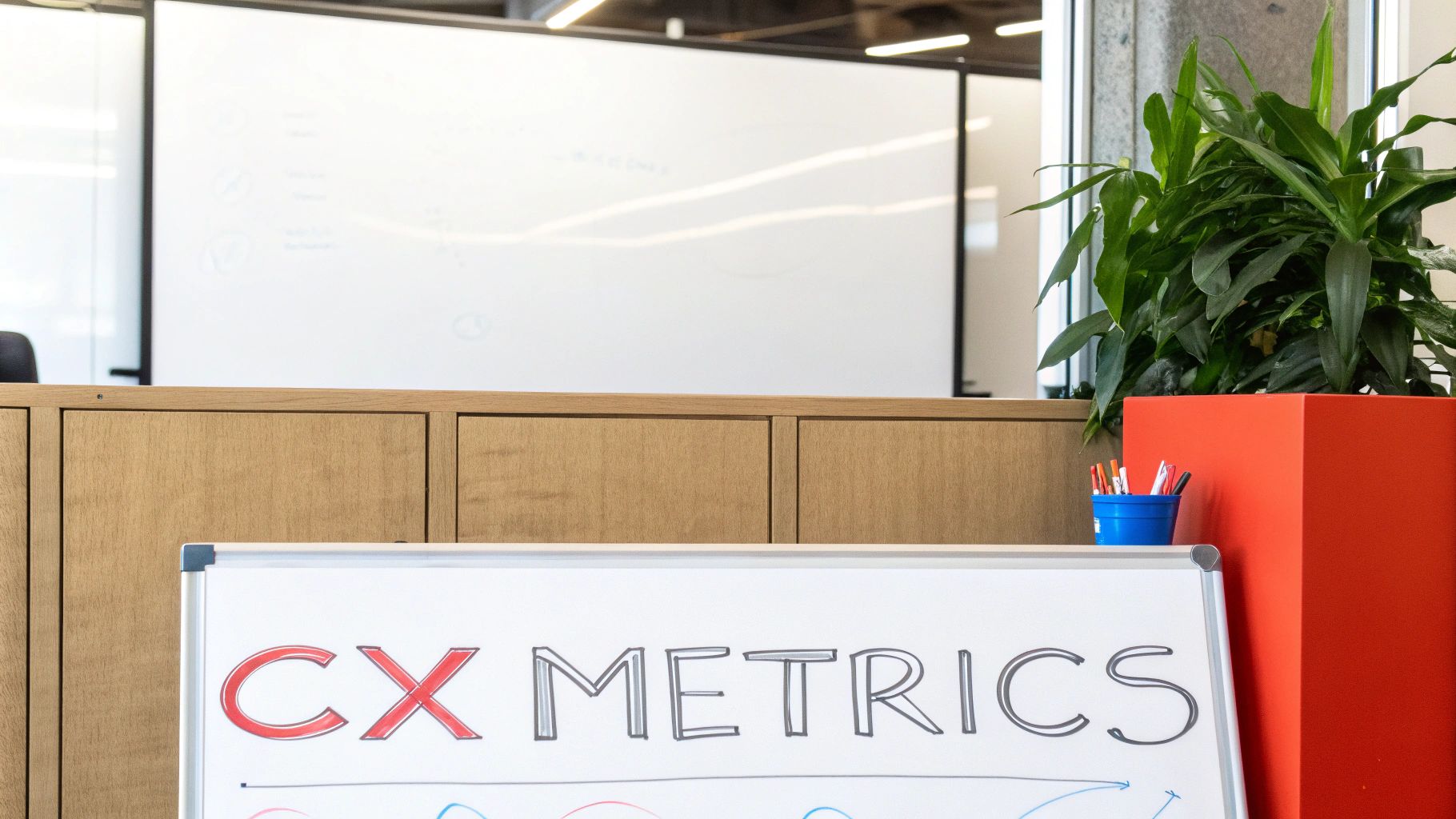 A person pointing at a screen with various customer experience charts and graphs, indicating metric selection.